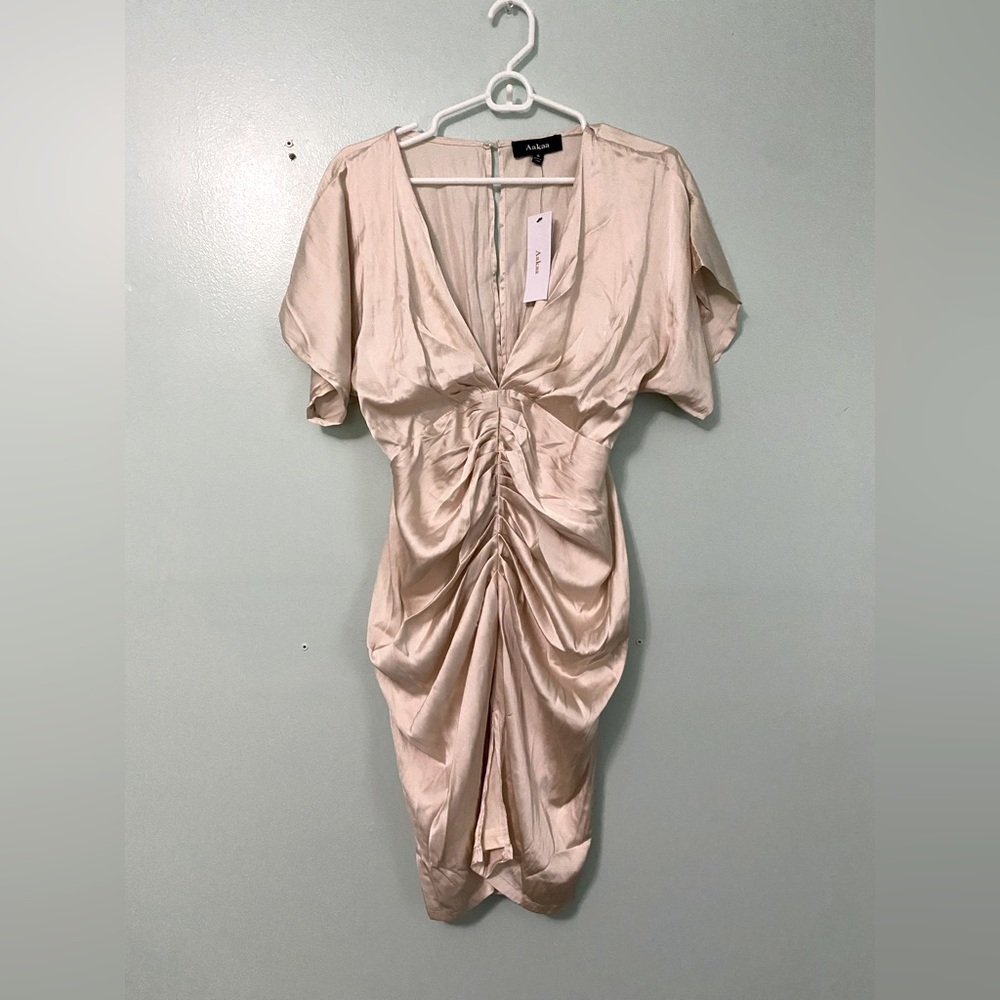 Aaka deep V neck mini dress size small ruched satin